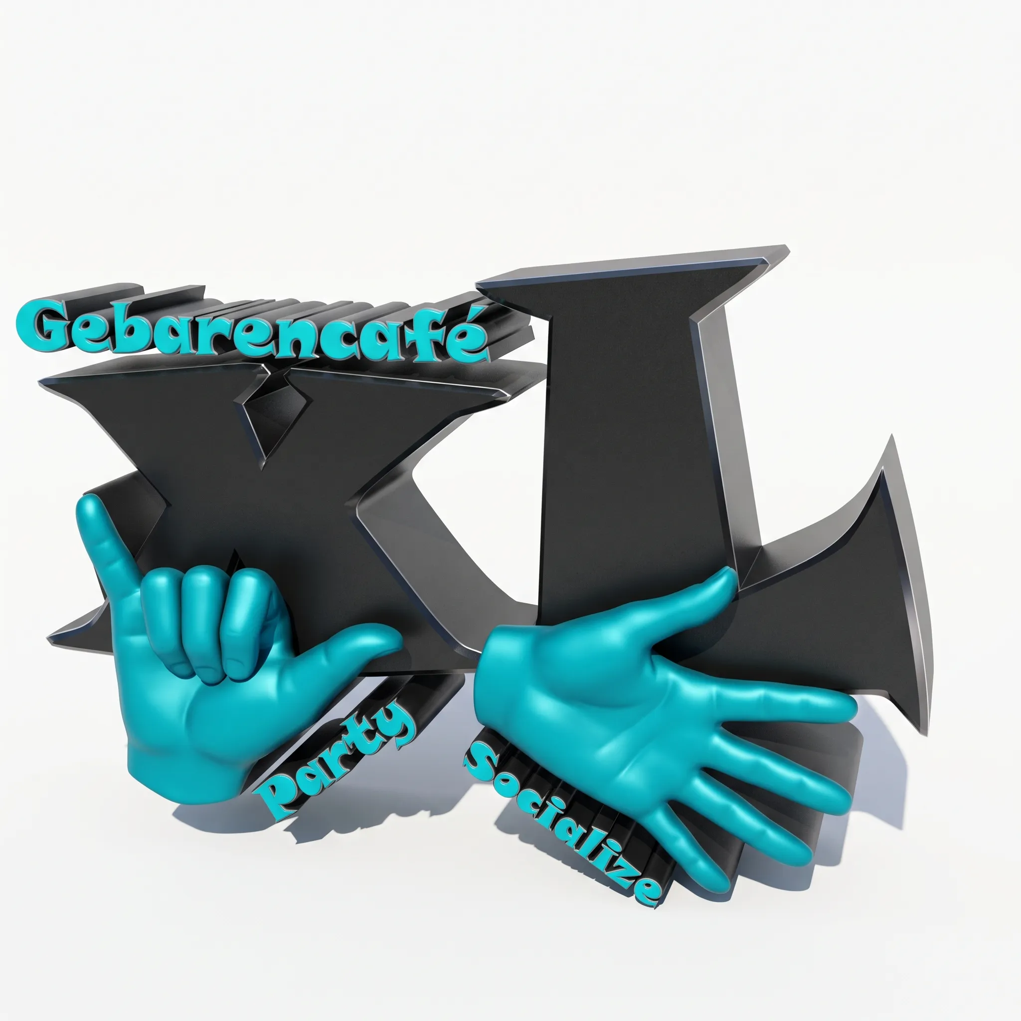 Logo van Gebarencafé XL: een grote zwarte XL met twee turquoise handen die gebaren maken