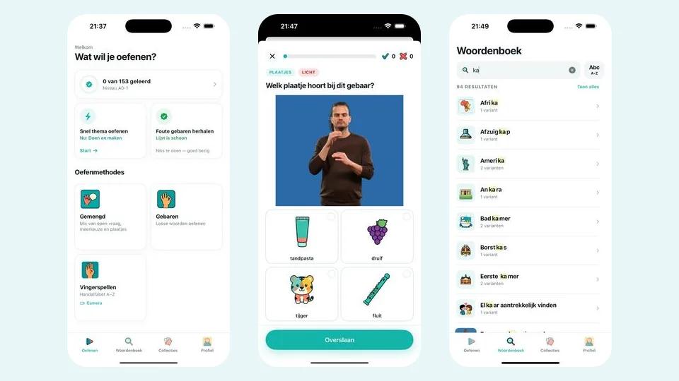 Drie schermen van de app Lerengebaren: het beginscherm, een oefening met een dove gebaarder en het woordenboek