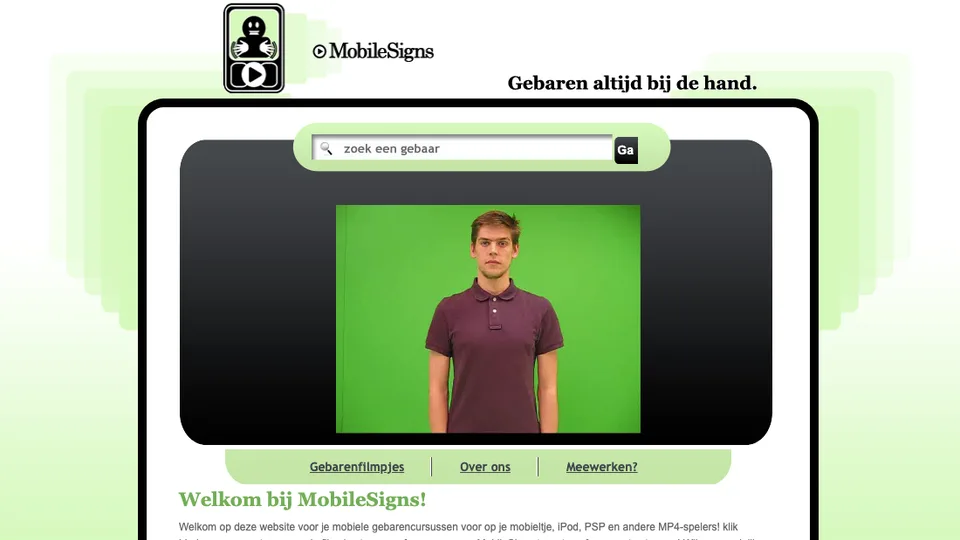 De website MobileSigns met een zoekveld voor gebaren en het filmpje van een gebaarder